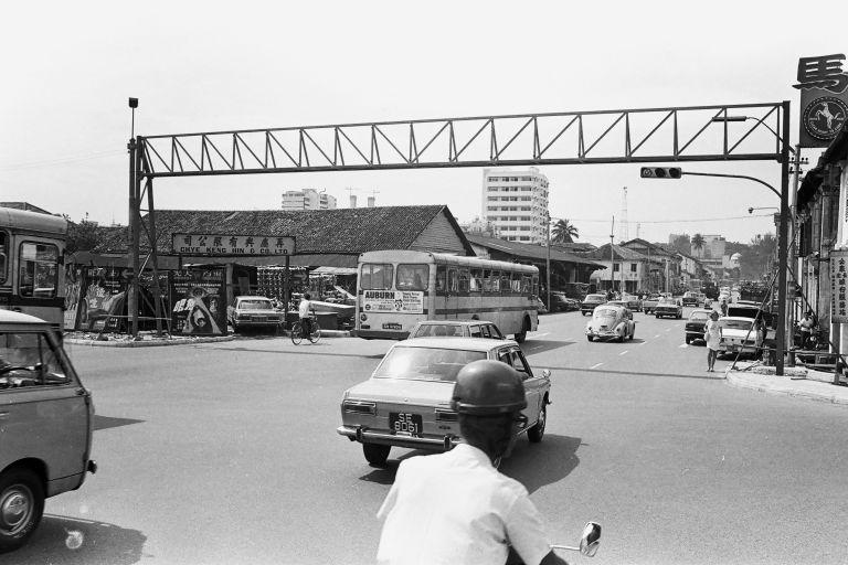 "Restricted Zone" overhead structures at Bencoolen Street built under the Area Licensing Scheme (ALS) in 1975 to manage traffic congestion. It was replaced by Electronic Road Pricing (ERP) in 1998. OG Albert and Sim Lim Square now stand to the left and right of the overhead structure.