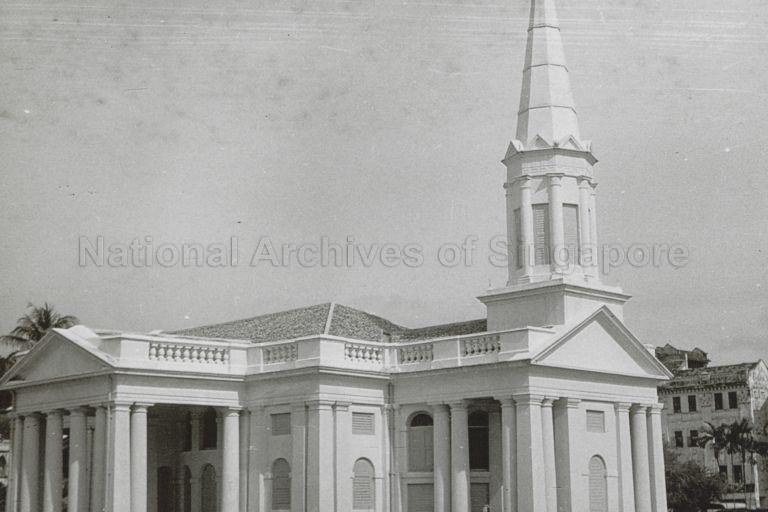 The Armenian Apostolic Church of Saint Gregory the Illuminator at Hill Street is the first Christian church built in Singapore in 1835. Photograph shows the church's portico.