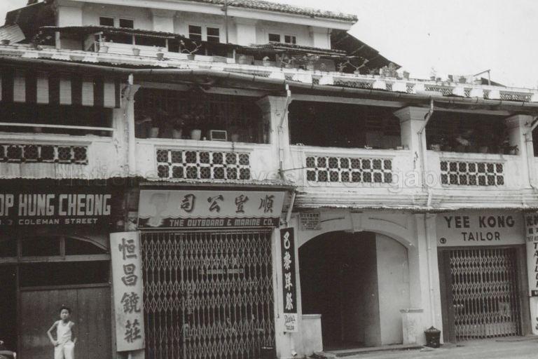 Shophouses at Coleman House along Coleman Street. Built by Singapore's first Superintendent of Public Works and Irish architect G D Coleman in 1829, Coleman House was demolished in 1965. Peninsular Hotel and shopping centre took over the site and was completed in 1971.