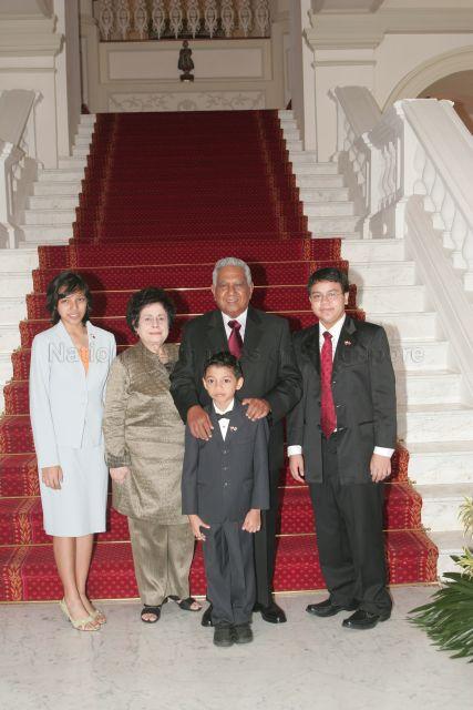 President and Mrs S R Nathan posing for a photograph with their grandchildren (from left) Monisha Cheong, Kheshin Cheong and Kiron Cheong, during Queen Elizabeth and Duke of Edinburgh Prince Philip's visit to the Istana