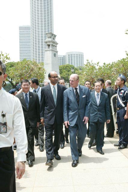 Duke of Edinburgh Prince Philip, accompanied by Minister for Education Tharman Shanmugaratnam, arriving at Esplanade Park to attend a National Youth Achievement Award (NYAA) event 