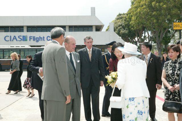 Minister for Manpower Ng Eng Hen and his wife Ivy Lim bidding farewell to Queen Elizabeth II and Duke of Edinburgh Prince Philip as they prepare to leave Changi Airport for London