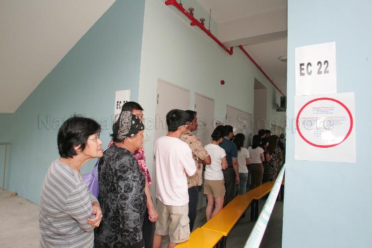 Voters queuing up at polling station situated in Bedok View Secondary School during Singapore General Election