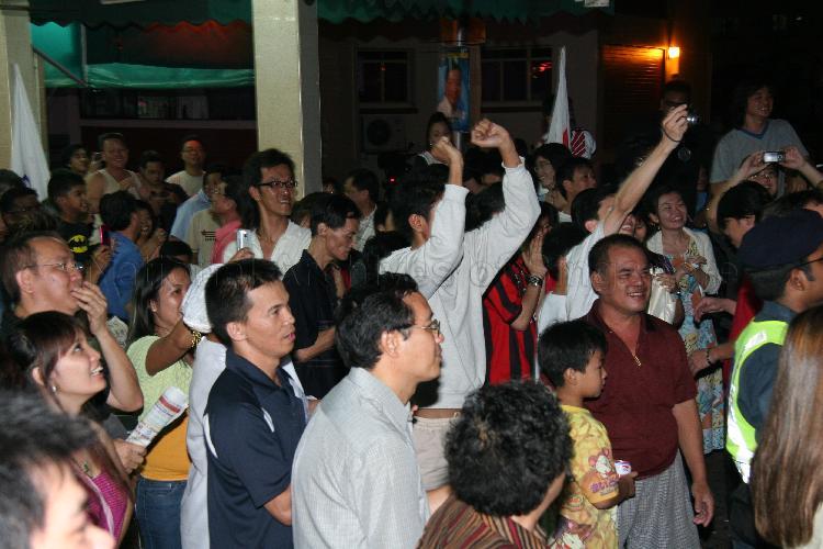 Gathering of Singapore Democratic Alliance (SDA) supporters outside Jin Biao Coffeeshop at Block 136, Potong Pasir Avenue 3. The coffeeshop was assembly centre for SDA and their supporters while waiting for election results during Singapore General Election.