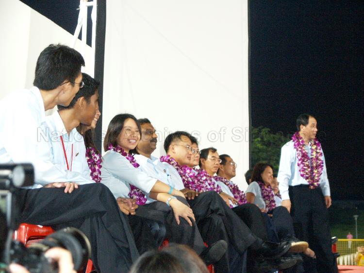 Line-up of Workers' Party (WP) candidates on the stage at Yio Chu Kang stadium. Standing on the far right is WP candidate for Hougang Low Thia Khiang. The &nbsp;stadium was assembly centre for WP and their supporters while waiting for election results during Singapore General Election.