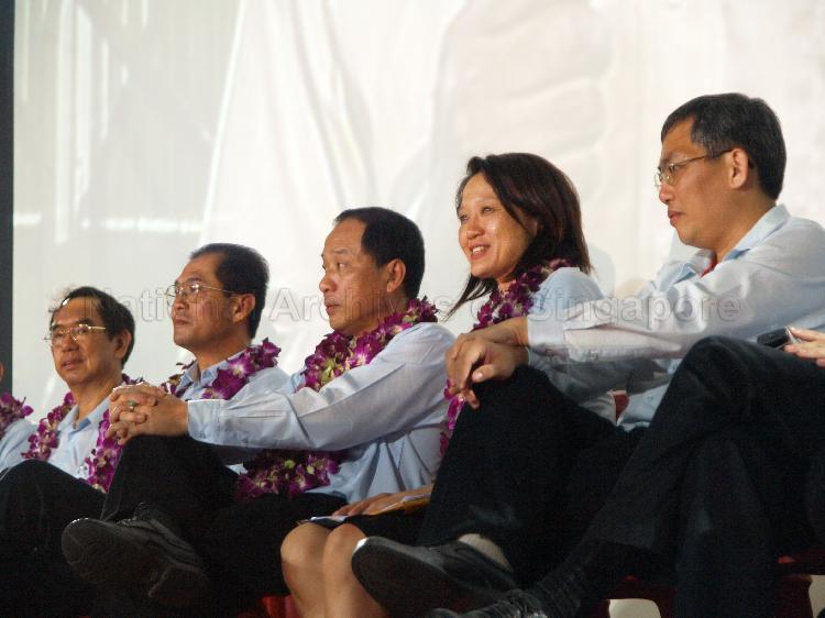 Workers' Party (WP) candidates (from left) Dr Tan Bin Seng of Joo Chiat, Dr Poh Lee Guan of Nee Soon East, Low Thia Khiang of Hougang, Ms Sylvia Lim Swee Lian of Aljunied Group Representation Constituency (GRC) and Goh Meng Seng of Aljunied GRC at Yio Chu Kang stadium, the assembly centre for WP and their supporters while waiting for election results during Singapore General Election