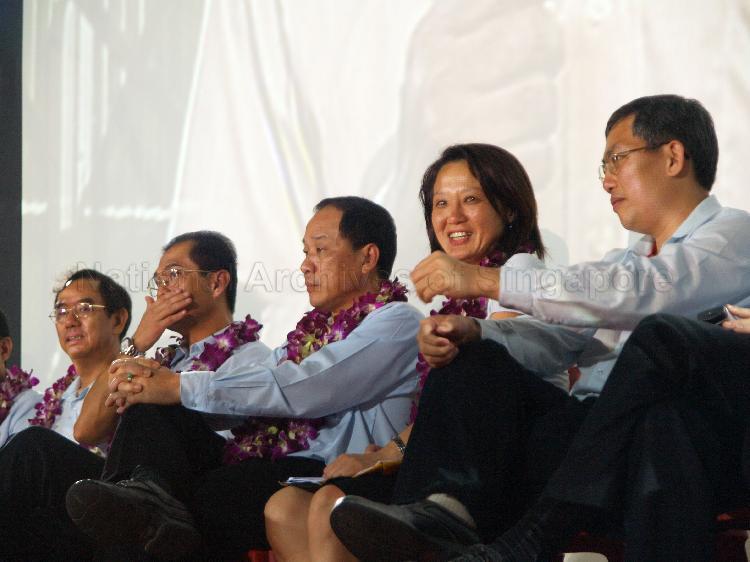 Workers' Party (WP) candidates (from left) Dr Tan Bin Seng of Joo Chiat, Dr Poh Lee Guan of Nee Soon East, Low Thia Khiang of Hougang, Ms Sylvia Lim Swee Lian of Aljunied Group Representation Constituency (GRC) and Goh Meng Seng of Aljunied GRC at Yio Chu Kang stadium, the assembly centre for WP and their supporters while waiting for election results during Singapore General Election