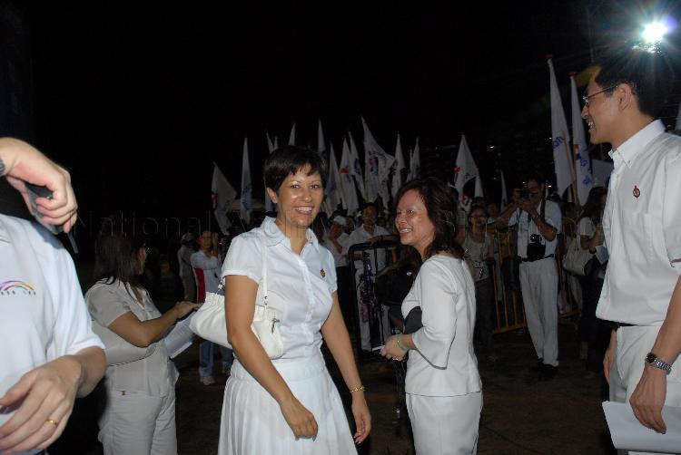 People's Action Party (PAP) candidates for Tanjong Pagar Group Representation Constituency (GRC) Ms Indranee Rajah and for West Coast GRC Ms Ho Geok Choo at Serangoon stadium, the assembly centre for PAP and their supporters during Singapore General Election