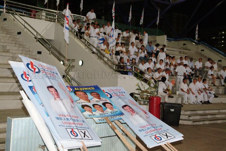 People's Action Party (PAP) election campaign posters at Serangoon stadium, the assembly centre for PAP and their supporters during Singapore General Election