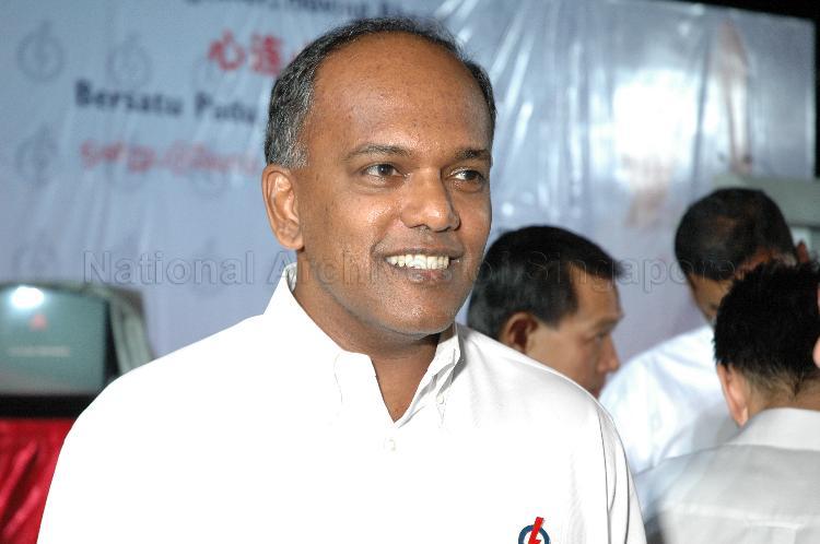 Close-up of People's Action Party (PAP) candidate for Sembawang Group Representation Constituency (GRC) Shanmugam Kasiviswanathan at Woodlands stadium, the assembly centre for PAP and their supporters during Singapore General Election