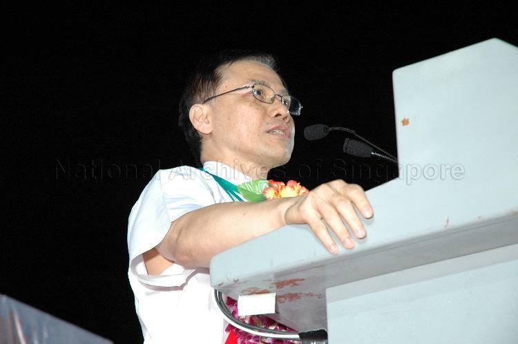 People's Action Party (PAP) candidate for Nee Soon East Associate Professor Ho Peng Kee speaking at Woodlands stadium after his victory during Singapore General Election. The stadium was assembly centre for PAP and their supporters.