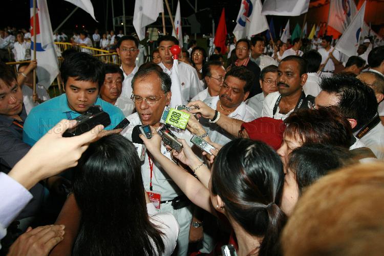 People's Action Party (PAP) candidate for Ang Mo Kio Group Representation Constituency (GRC) Dr Balaji Sadasivan speaking to the media at Woodlands stadium, the assembly centre for PAP and their supporters during Singapore General Election