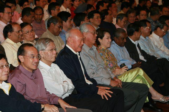 Minister Mentor Lee Kuan Yew, Senior Minister Goh Chok Tong, Madam Ho Ching and Chief Justice Chan Sek Keong (third from left) with Ministers and Members of Parliament attending National Day Rally at University Cultural Centre Hall, National University of Singapore