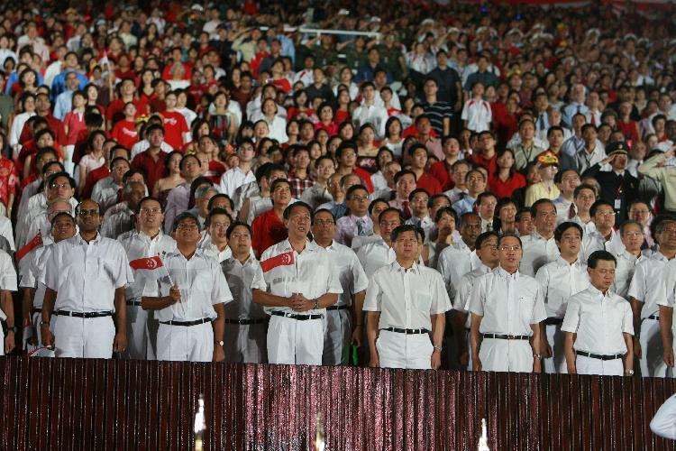 National Day Parade 2007 at Marina Bay -- Ministers and Members of Parliament singing the National anthem 'Majulah Singapura'