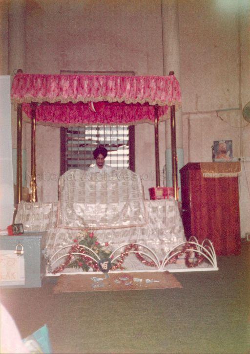 Prayer hall at Gurdwara Sahib Silat Road (Silat Road Sikh Temple). This first Sikh temple to be constructed in the visible shape of a temple with a dome and arches was completed in 1924.