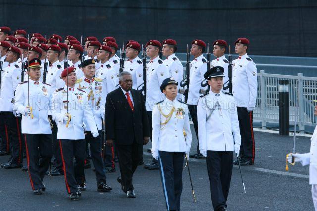 National Day Parade 2008 at Marina Bay - President S R Nathan inspecting Guard of Honour with (behind the President, anti-clockwise) Chief of Defence Force Lieutenant-General Desmond Kuek, Parade Commander Lieutenant-Colonel Mark Teo Cheng Hai and Contingent Commander of the Army Guard of Honour