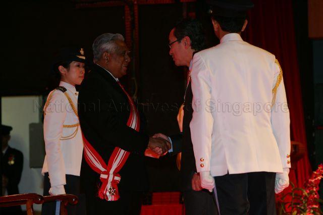 President S R Nathan presenting the Distinguished Service Order Medal to Chairman of Nanyang Technological University Koh Boon Hwee at investiture of National Day awards held at Suntec City Ballroom