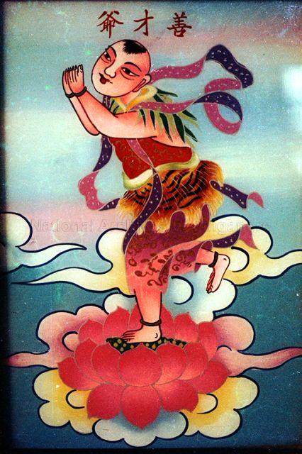 Framed picture of Shan Cai, an acolyte of Guan Yin, Goddess of Mercy