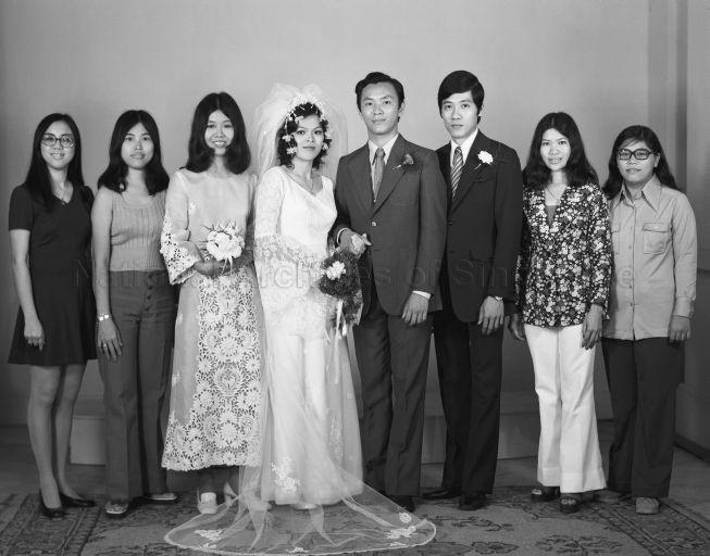 Full length portrait of bride, groom and friends