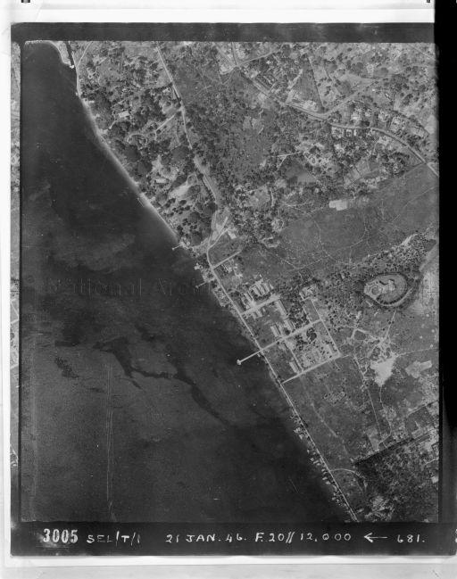 Aerial view of Johor Bahru, Malaya, and the Johor Strait