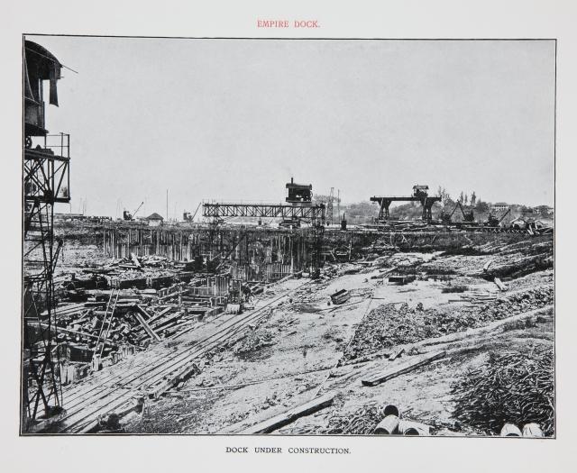 No.58 West Wall South End from Mixer Gangway, 28.8.12 construction site with cranes, figures in far distance. Text: â€œReceived with Topham, Jones & Railtonâ€™s letter dated 30 Sep 1912.