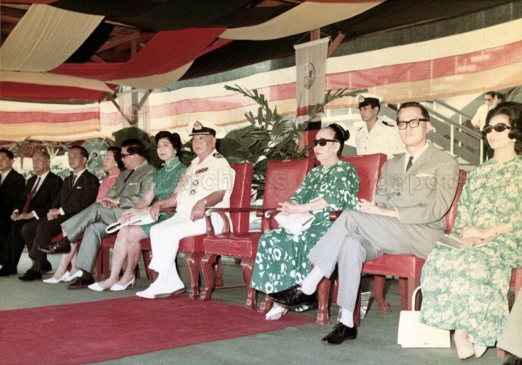 From right, wife of Tunku Mahkota of Johore Tunku Hajjah Shahariah, Minister for Communications Yong Nyuk Lin, Sultanah Tun Aminah of Johore, Sultan Ismail Al-Khalidi ibni Ibrahim Al-Masyhur of Johore, Mrs Yong Nyuk Lin and the Tunku Mahkota of Johore Tunku Abdul Rahman at the opening ceremony of the Johore River Waterworks in Kota Tinggi