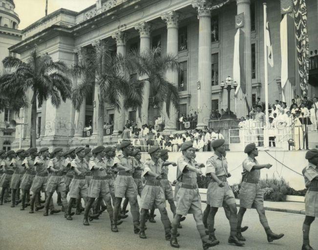 Marchpast by Harbour Board Police Reserve in front of City Hall, at Installation Ceremony of Yang Di-Pertuan Negara Yusof Ishak