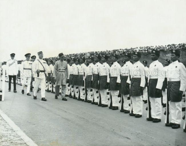 Yang Di-Pertuan Negara Yusof Ishak inspecting the Guard of Honour at opening of Masjid Tentera Di-Raja (Military Mosque) at Clementi Road