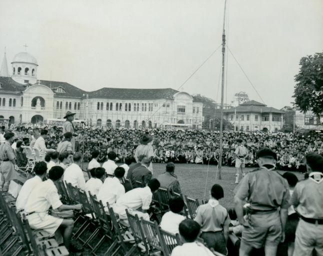 Yang Di-Pertuan Negara Yusof Ishak, as Chief Scout, addressing the Scout Rally held at St Joseph Institution