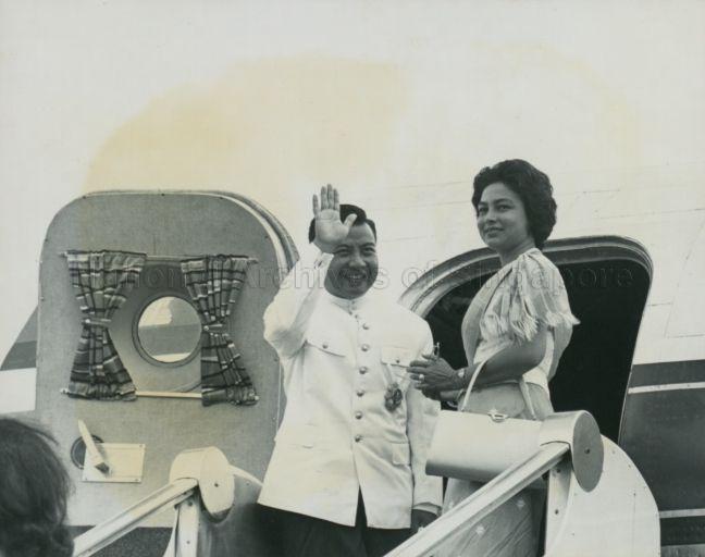 Prince Norodom Sihanouk and Madame Sihanouk of Cambodia bidding a final farewell to Singapore at the end of their state visit