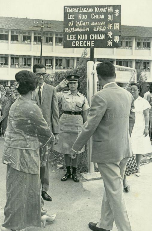 The Raja Permaisuri Agong of Malaysia Tengku Budriah arriving at the Lee Kuo Chuan Creche for a visit