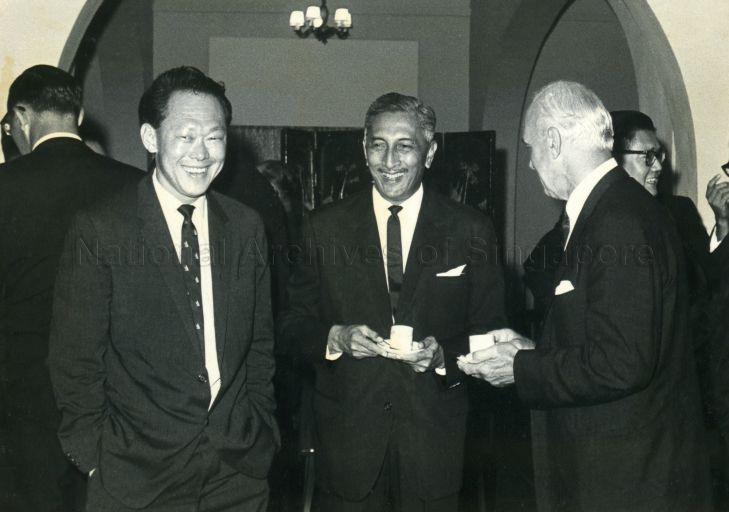 Prime Minister Lee Kuan Yew, President Yusof Ishak and a guest at a dinner at Sri Temasek