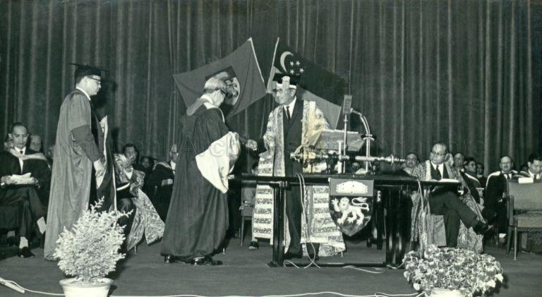 President Yusof Ishak being installed as Chancellor of the University of Singapore at Victoria Theatre