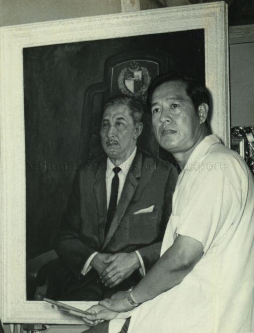 Singapore Arts Society artist with oil portrait of President Yusof Ishak commissioned by the Society