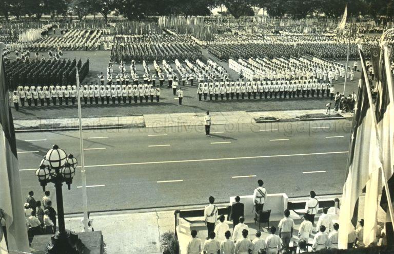 National Day Parade 1966 at the Padang - Bird's eye view of Parade from City Hall
