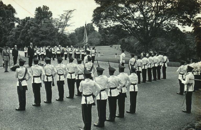 German Ambassador designate Baron Oswald von Richthofen at review ceremony of guard of honour at Istana during presentation of his credentials to President Yusof Ishak