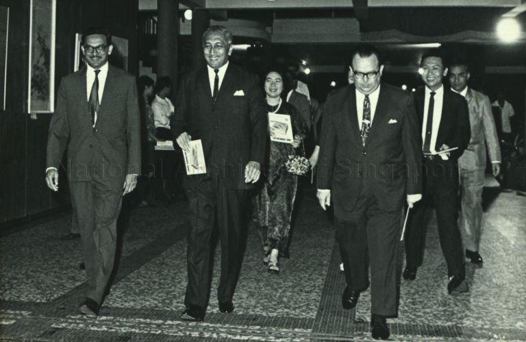 President Yusof Ishak, Puan Noor Aishah and Parliamentary Secretary at Prime Minister's Office Yaacob Mohamed arriving for the Russian Bakhor Folk Dance Ensemble performance at National Theatre