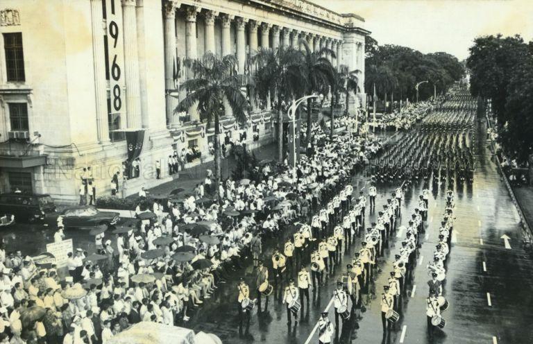 National Day Parade 1968 at the Padang - Uniformed contingents marching in front of City Hall