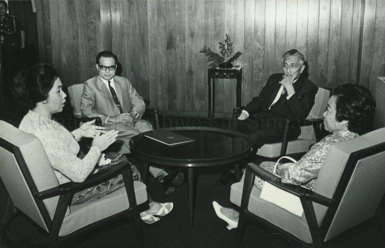 President Yusof Ishak and Puan Noor Aishah with Chan Keng Howe, Singapore's Ambassador designate to Cambodia, and Mrs Chan at the Istana