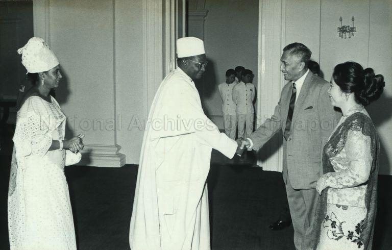 Hamani Diori, first President of the Republic of Niger, and Mrs Hamani calling on President Yusof Ishak and Puan Noor Aishah at the Istana during their three-day private visit to Singapore