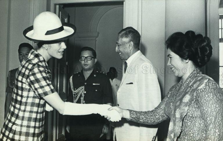 Puan Noor Aishah greeting HRH The Duchess of Kent on her arrival at the Istana on a courtesy call
