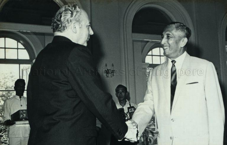President Yusof Ishak greeting Walter Scheel, Minister of Foreign Affairs and Vice-Chancellor of the Republic of Germany, on his arrival at the Istana