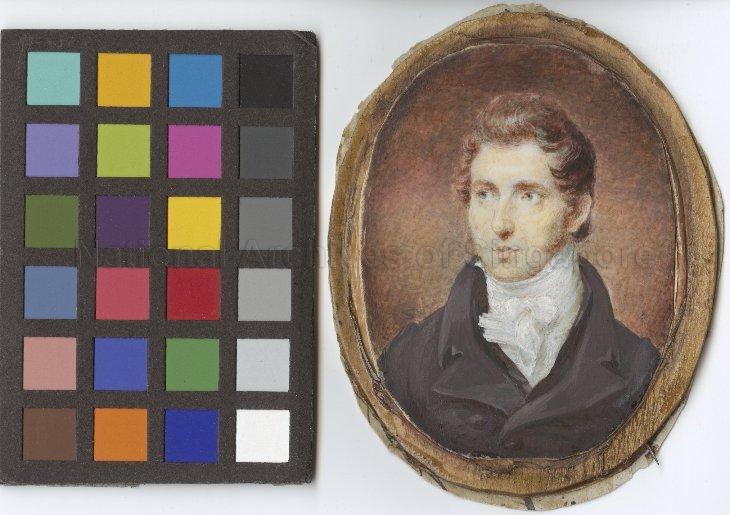 Miniature self portrait of Dr Joseph Arnold (1782-1818) done in watercolour. Dr Joseph Arnold was a naval surgeon and naturalist who discovered the largest flower in the world (Rafflesia) together with founder of Singapore Sir Stamford Raffles in Sumatra, 1818.