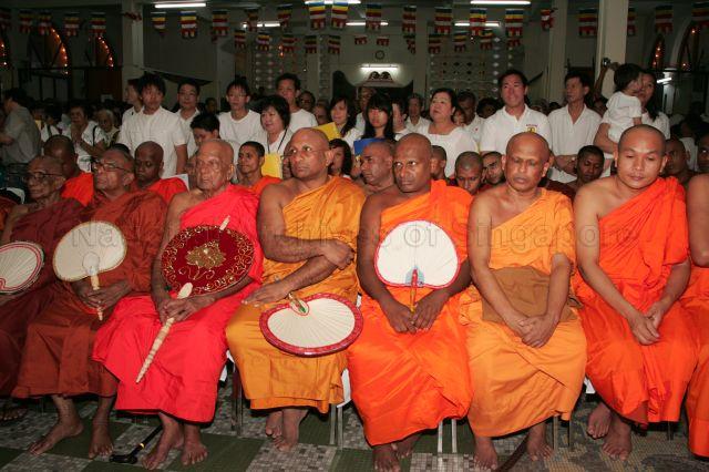 Buddhist monks attending 60th anniversary of planting of sacred bodhi tree and foundation stone laying of Buddha Jayanthi Hall at Sri Lankaramaya Budhhist Temple, St Michael's Road