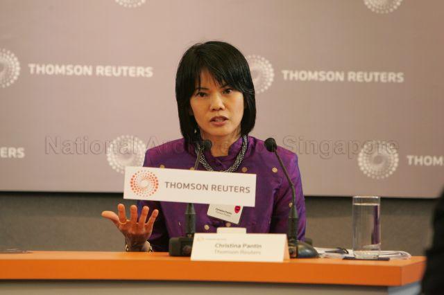 Moderator Ms Christina Pantin at the annual Thomson Reuters Newsmaker Event held at One Raffles Quay, #28-01, North Tower