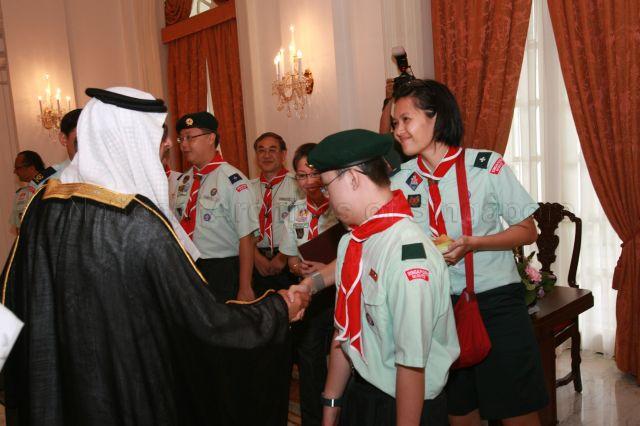Member of delegation from United Arab Emirates meets members from Singapore Scout Association when he calls on President S R Nathan during launch of Scout Job Week at Istana