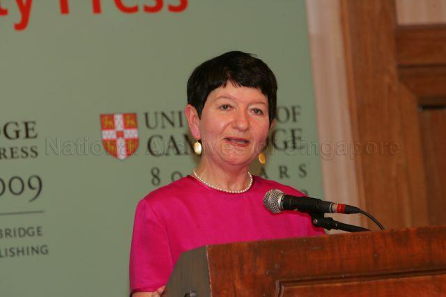 Vice-Chancellor of Cambridge University Professor Alison Richard speaking at reception for alumni of the British university held at Raffles Hotel to mark its 800th birthday and 425th anniversary of Cambridge University Press