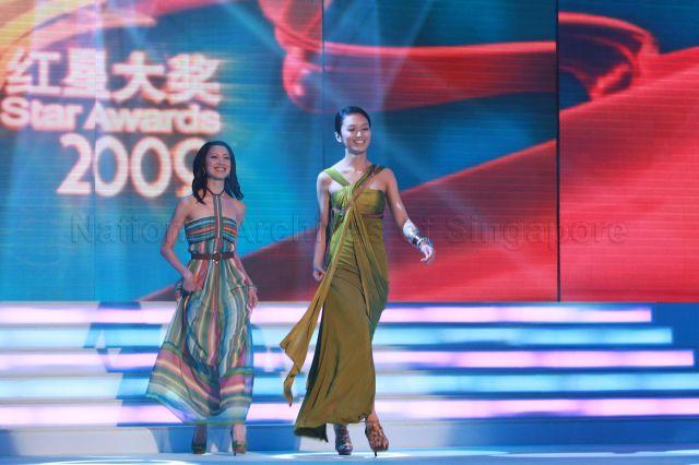 MediaCorp TV artistes Jeanette Aw (left) and Joanne Peh on stage during Star Awards at MediaCorp TV Theatre, Caldecott Hill