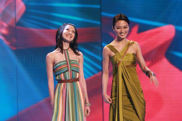MediaCorp TV artistes Jeanette Aw (left) and Joanne Peh on stage during Star Awards at MediaCorp TV Theatre, Caldecott Hill