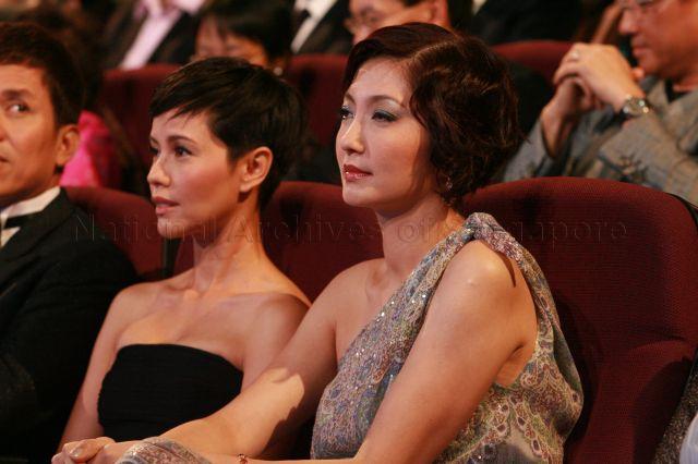MediaCorp TV artistes, from left, Huang Wenyong (partially hidden), Zoe Tay and Huang Biren attending Star Awards at MediaCorp TV Theatre, Caldecott Hill